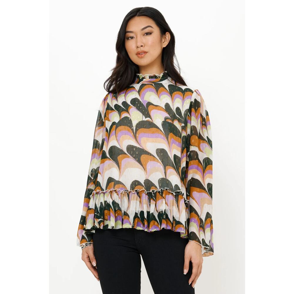 NWT Oliphant Venice Lime Peplum Blouse $268 Gold Dot Purple Brown Ruffle Neck XS